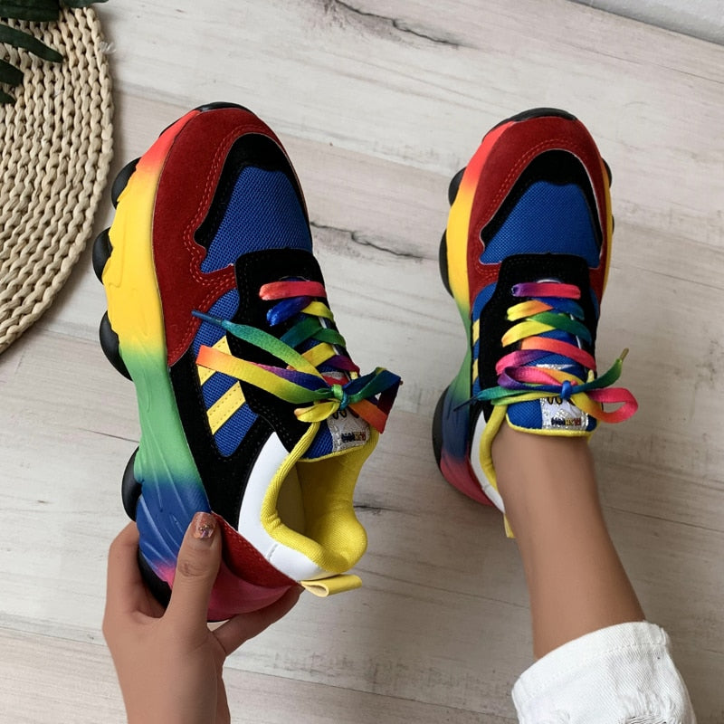 Zapatillas de deporte arcoíris, zapatos ortopédicos, zapatillas deportivas de plataforma vulcanizadas de cuero auténtico para mujer