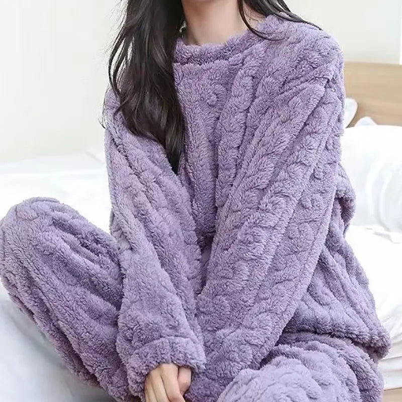 Conjunto de pijama de 2 piezas para mujer, conjunto de jersey y pantalones de lana acanalados de terciopelo grueso, informal