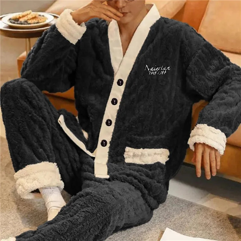 Conjunto de pijama cálido para hombre, de franela gruesa de 2 piezas, suelta, de manga larga, sólida, para el hogar, Otoño e Invierno