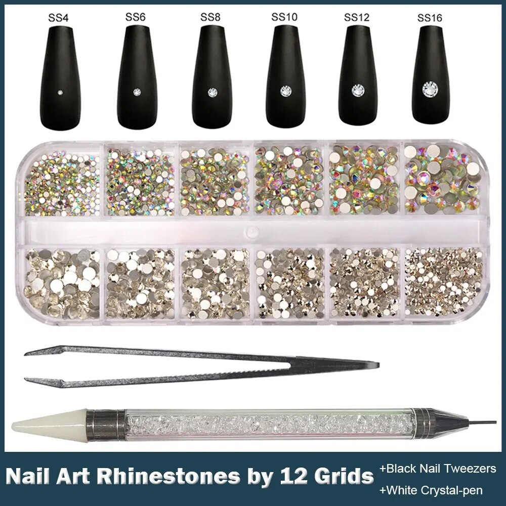 Juego de 12 rejillas de diamantes de imitación para uñas de varios tamaños, gemas transparentes de Cristal AB con clips de cristal para decoración de uñas DIY