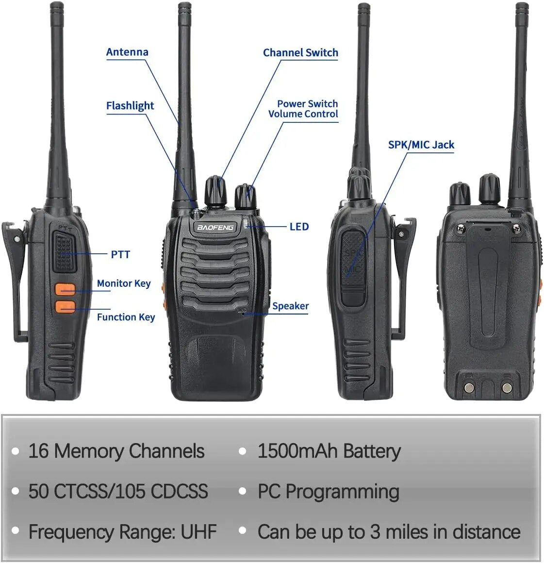 Walkie Talkie UHF 400 470MHz 888s transceptor de radioaficionado bidireccional de largo alcance para caza, hotel, etc...