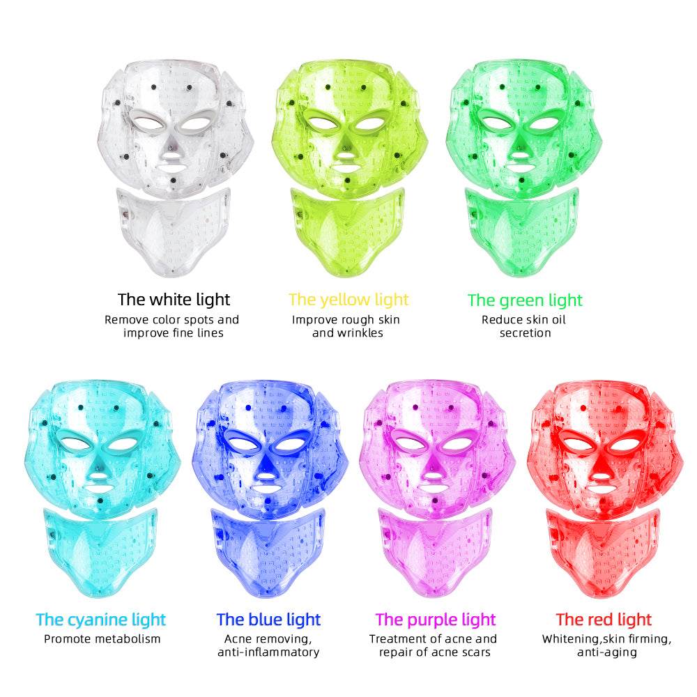 Máscara facial LED de 7 colores con cuello, terapia de fotones, rejuvenecimiento de la piel, eliminación de arrugas
