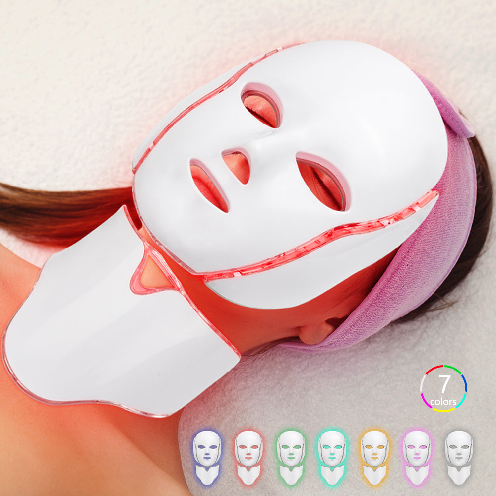 Máscara facial LED de 7 colores con cuello, terapia de fotones, rejuvenecimiento de la piel, eliminación de arrugas