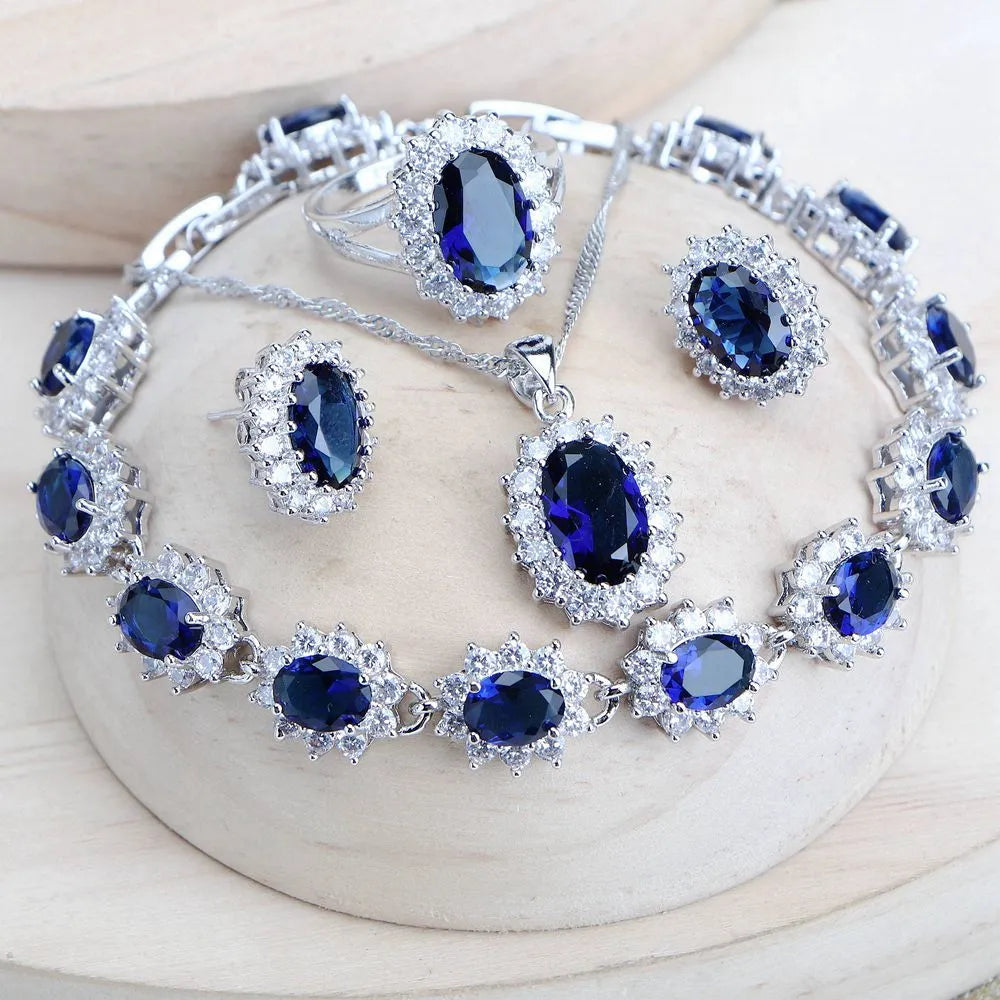 Conjuntos de joyería de plata 925 para mujer, circonita azul, joyería fina, pendientes, anillos, pulseras, colgante, regalos, Naviadad