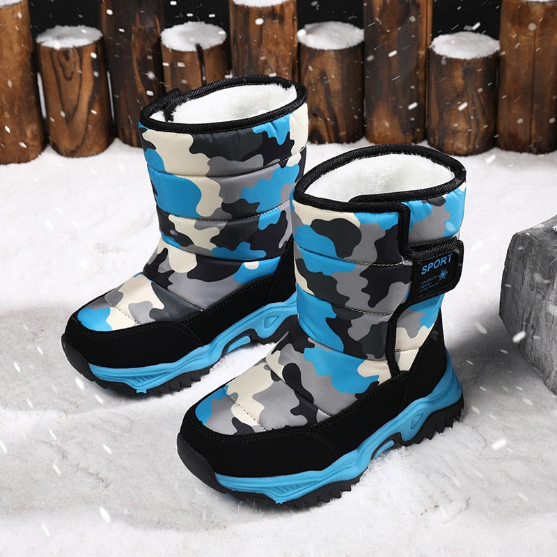 Zapatos de felpa para niños, botas de nieve con suela de goma, impermeables