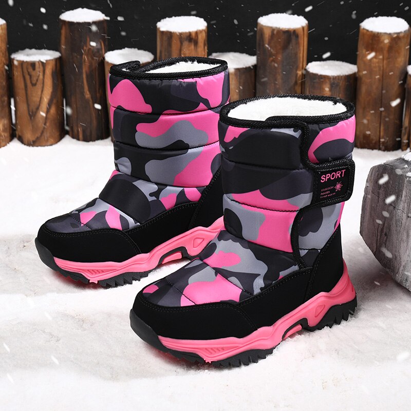 Zapatos de felpa para niños, botas de nieve con suela de goma, impermeables