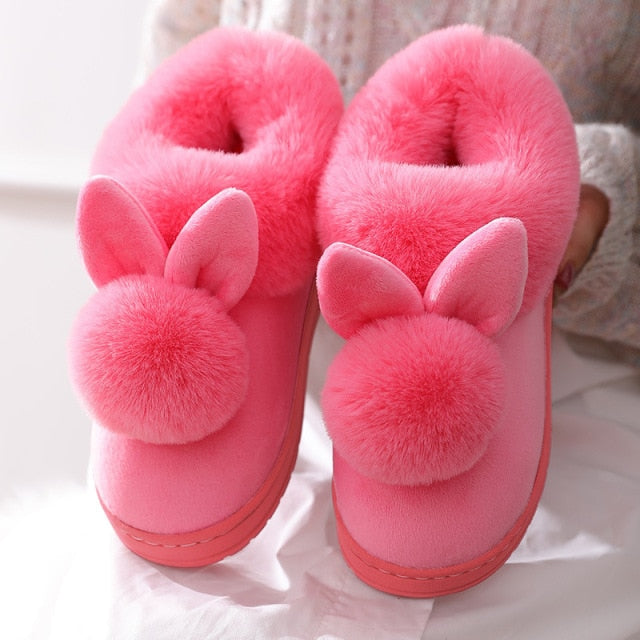 Zapatillas de algodón con orejas de conejo para mujeres