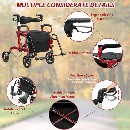 2-in-1 Folding Rollator Walker Transport Wheelchair