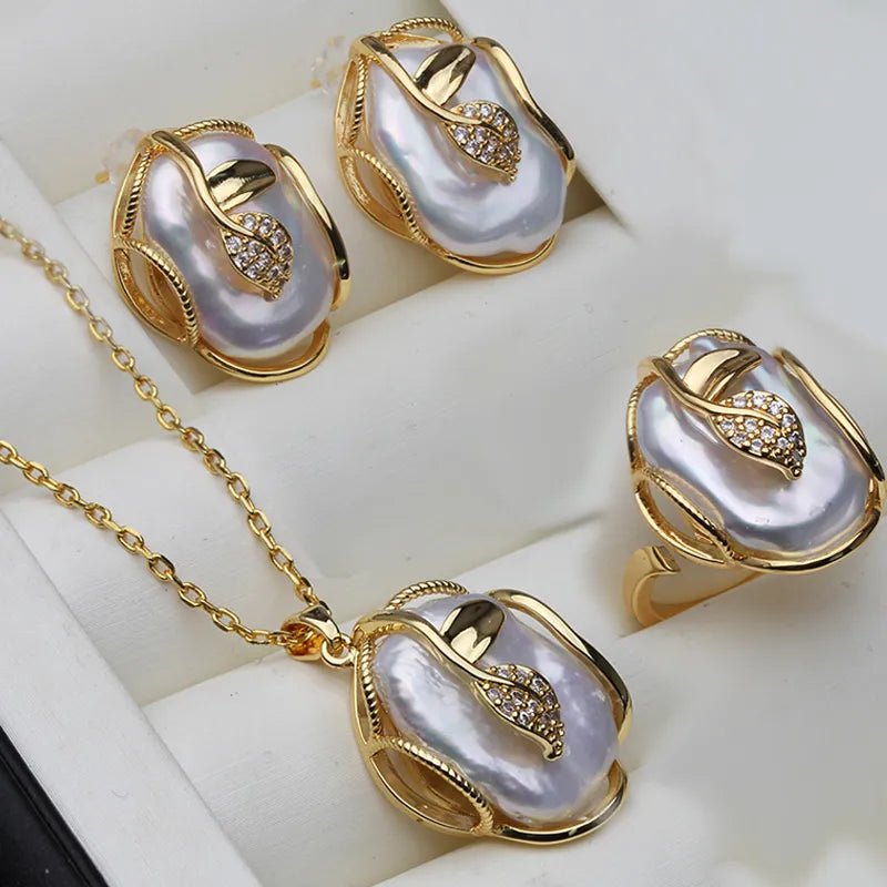 Conjunto de perlas naturales de agua dulce para mujer, conjuntos de joyas de perlas de Gran Barroco chapado en oro de 18K