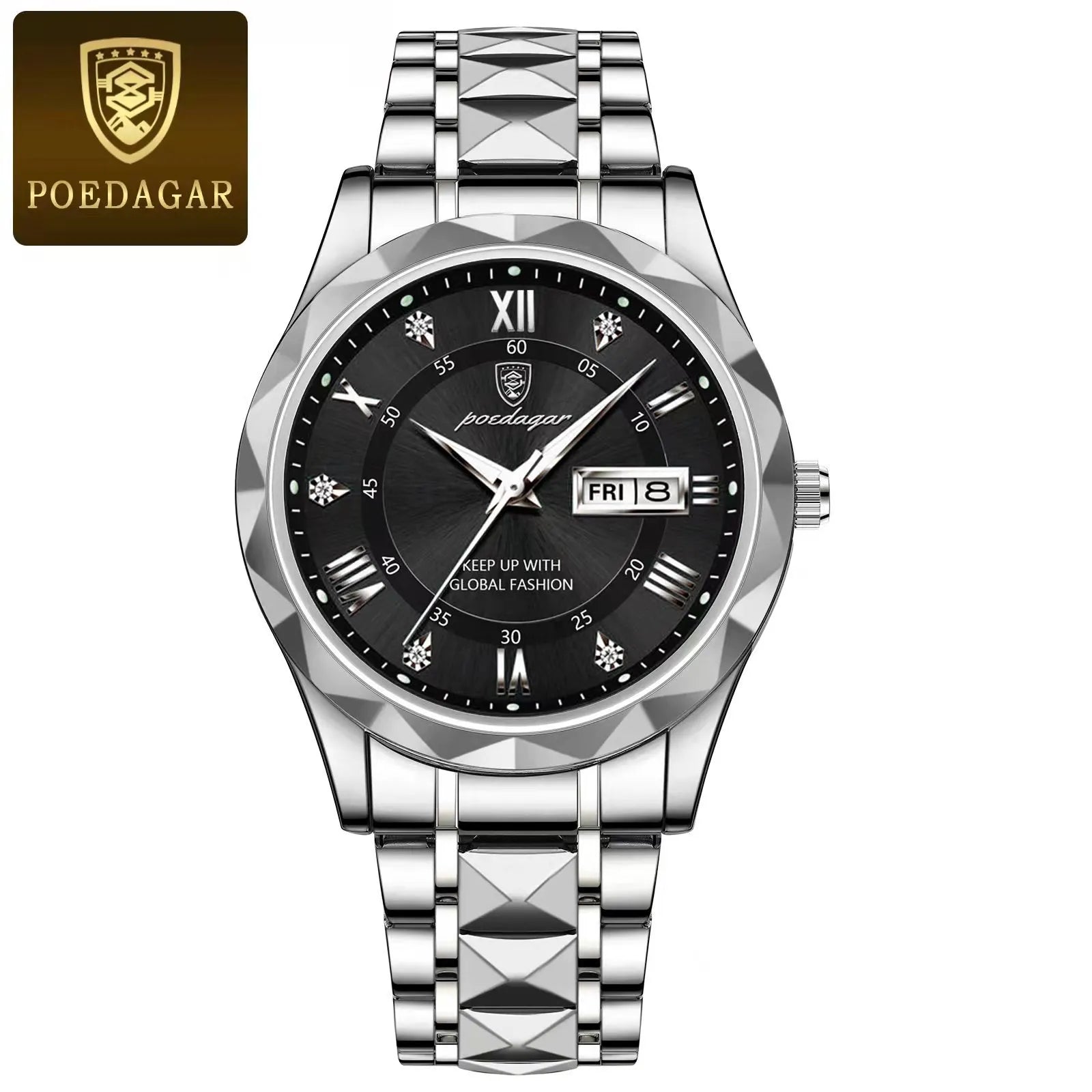 POEDAGAR-reloj de pulsera para hombre, cronógrafo de cuarzo, de acero inoxidable, luminoso, resistente al agua, con fecha y semana