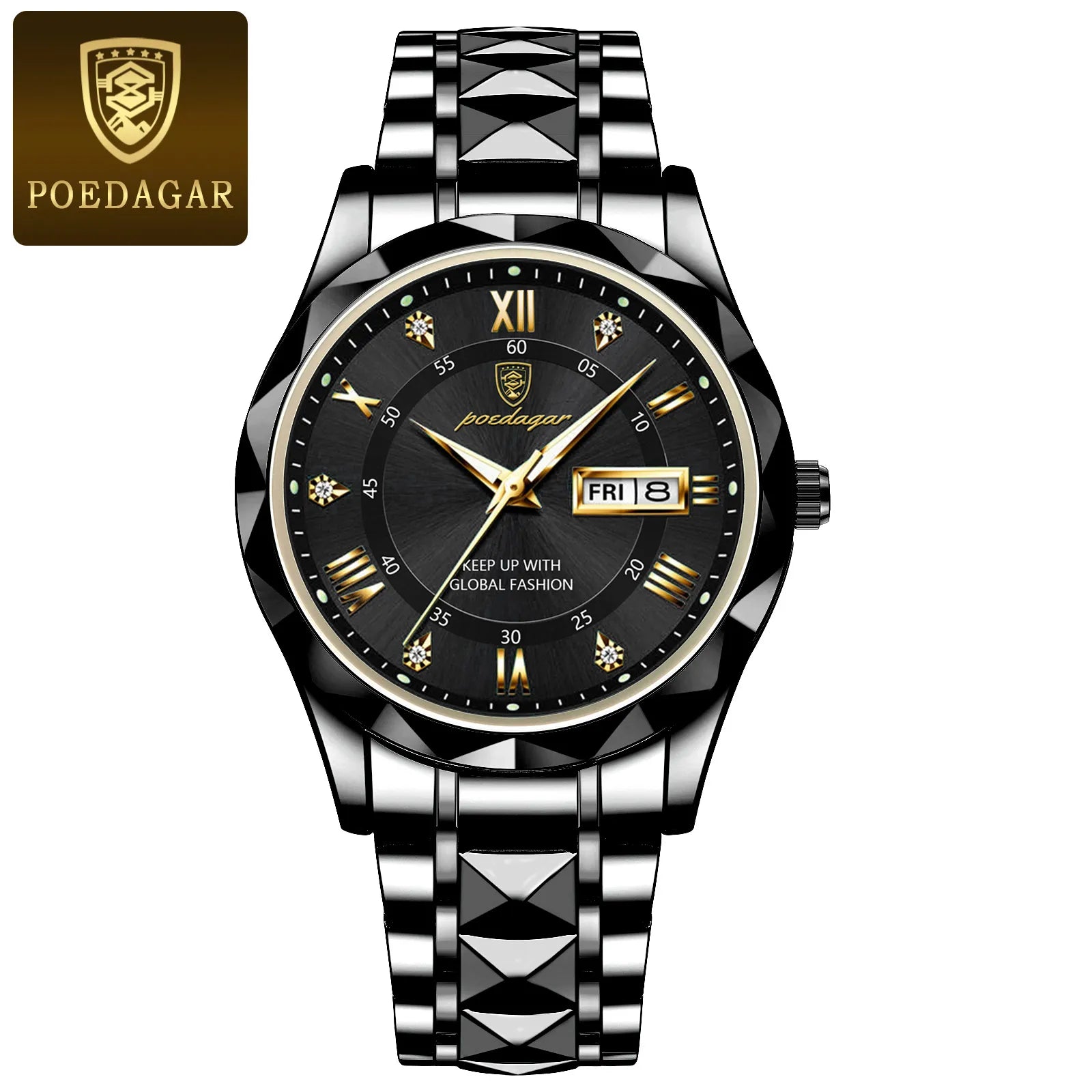 POEDAGAR-reloj de pulsera para hombre, cronógrafo de cuarzo, de acero inoxidable, luminoso, resistente al agua, con fecha y semana