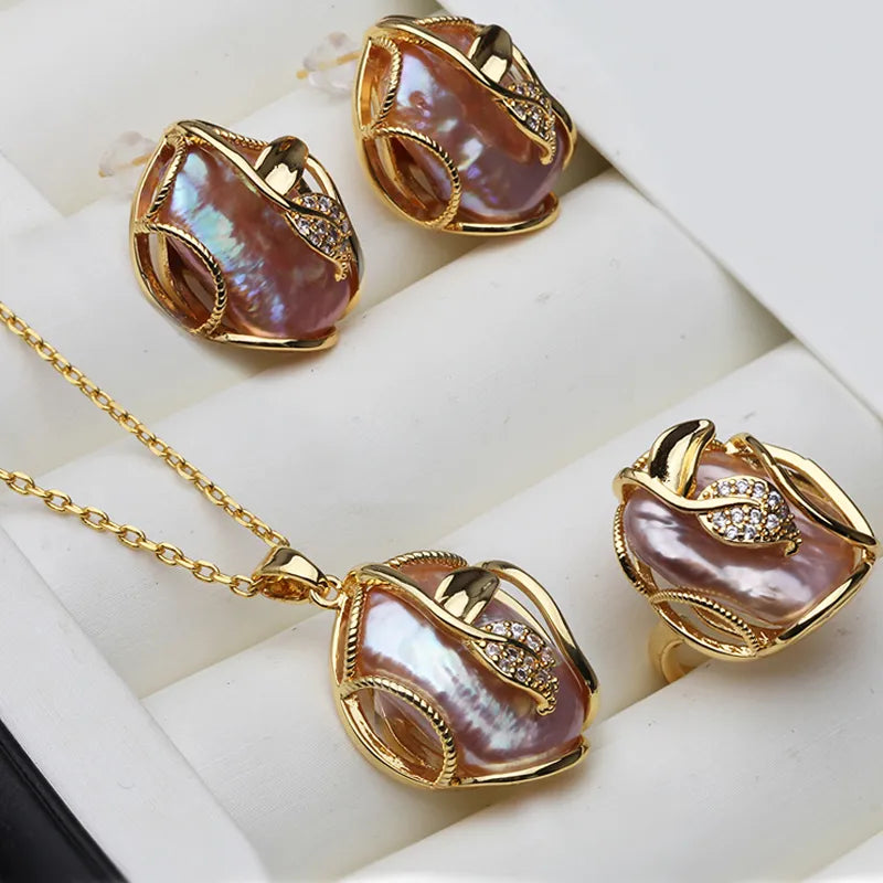 Conjunto de perlas naturales de agua dulce para mujer, conjuntos de joyas de perlas de Gran Barroco chapado en oro de 18K