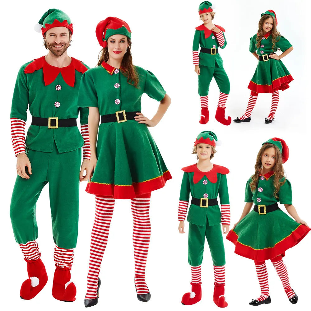 Disfraz de Elfo de Navidad para niños y adultos, vestido de Elfo verde, trajes familiares a juego, conjuntos de ropa de Cosplay