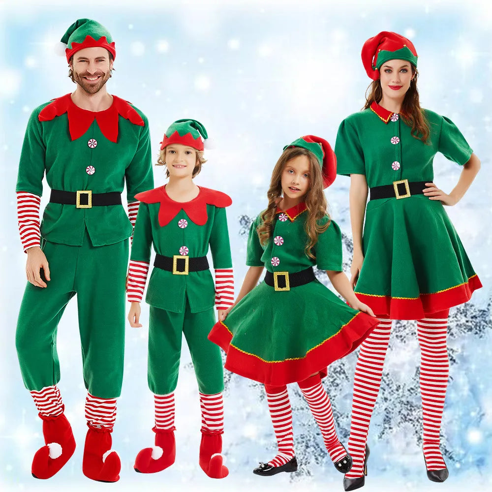 Disfraz de Elfo de Navidad para niños y adultos, vestido de Elfo verde, trajes familiares a juego, conjuntos de ropa de Cosplay