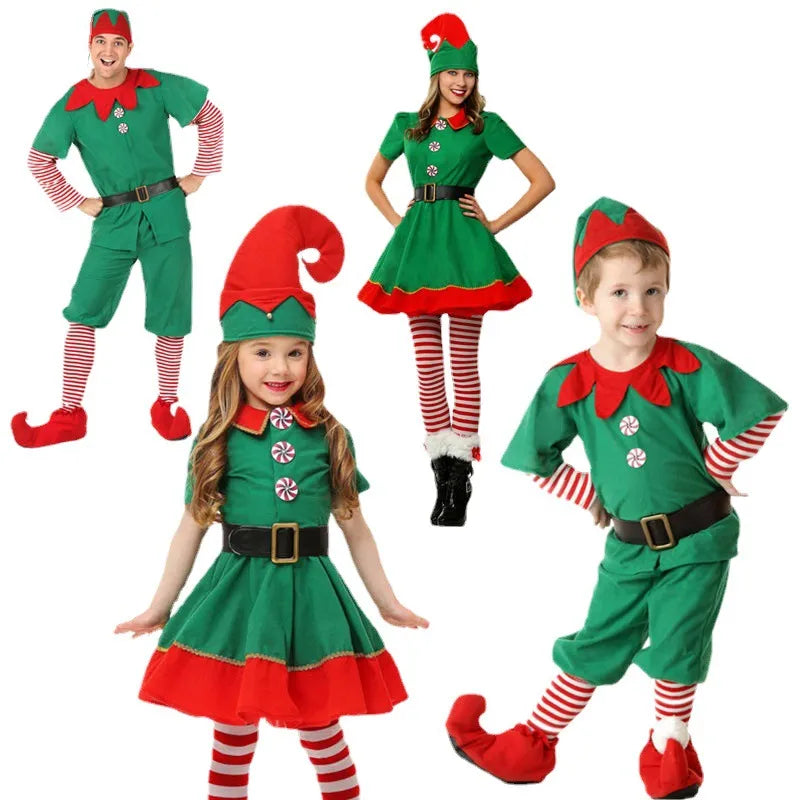 Disfraz de Elfo de Navidad para niños y adultos, vestido de Elfo verde, trajes familiares a juego, conjuntos de ropa de Cosplay