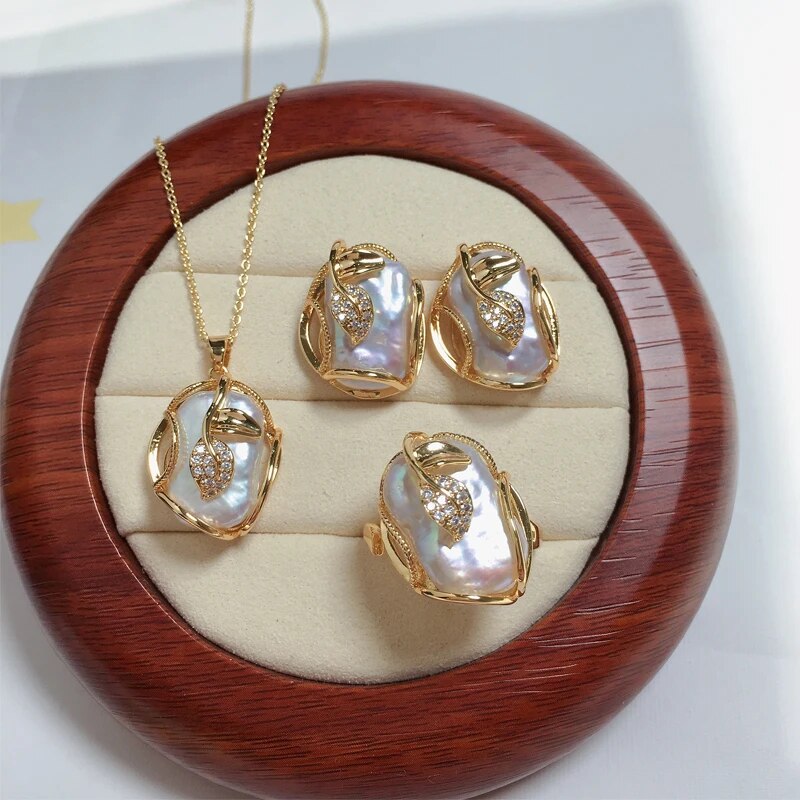 Conjunto de perlas naturales de agua dulce para mujer, conjuntos de joyas de perlas de Gran Barroco chapado en oro de 18K