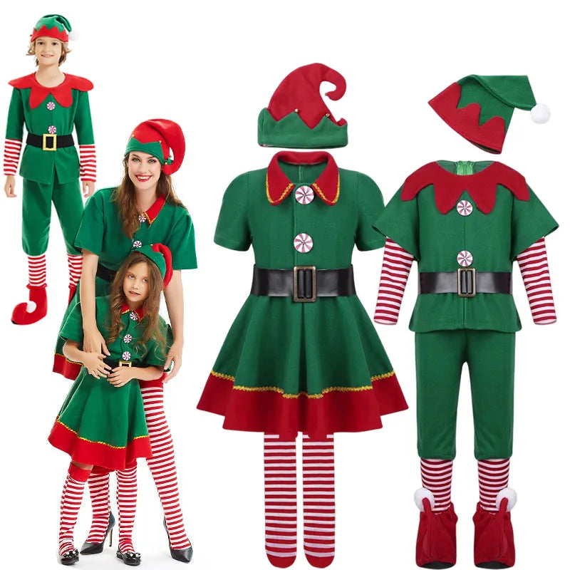 Disfraz de Elfo de Navidad para niños y adultos, vestido de Elfo verde, trajes familiares a juego, conjuntos de ropa de Cosplay