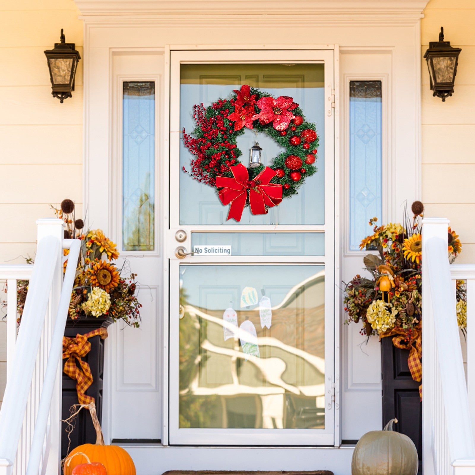 Corona de Navidad con lámpara, para pared, puerta, ventana, chimenea, escalera, balcón, jardín