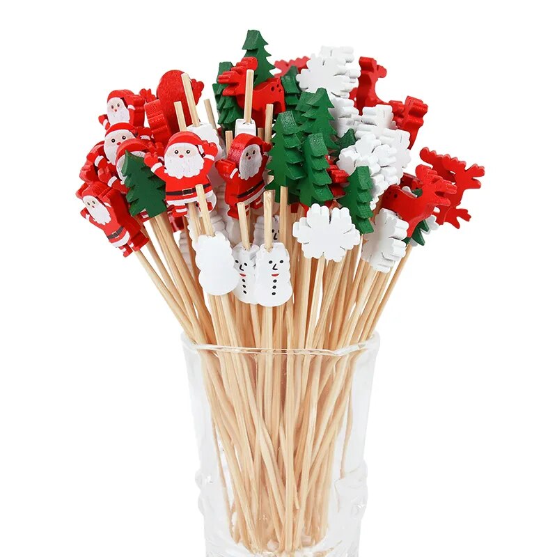 Palitos de fruta de Navidad desechables, decorativos para pastel, cupcakes, postre, ensalada, cóctel, decoración de fiesta, 50 piezas por juego