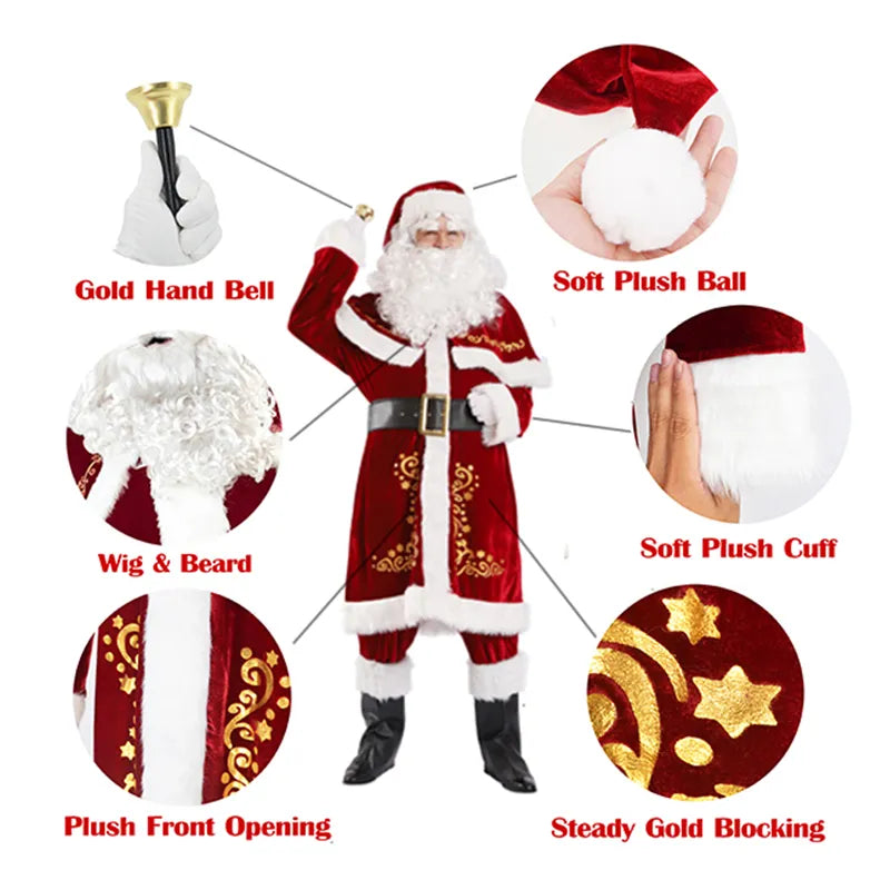 Conjunto de 12 Uds. de disfraz de Papá Noel de terciopelo para hombre y mujer, traje de Papá Noel de Navidad, disfraz de fiesta de Navidad elegante, Cosplay de Navidad