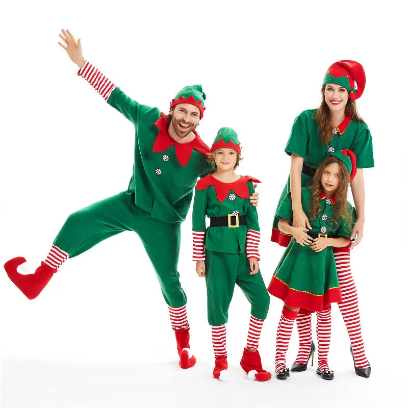 Disfraz de Elfo de Navidad para niños y adultos, vestido de Elfo verde, trajes familiares a juego, conjuntos de ropa de Cosplay