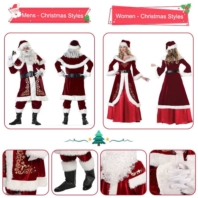 Conjunto de 12 Uds. de disfraz de Papá Noel de terciopelo para hombre y mujer, traje de Papá Noel de Navidad, disfraz de fiesta de Navidad elegante, Cosplay de Navidad