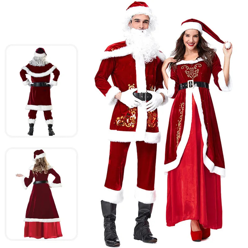 Conjunto de 12 Uds. de disfraz de Papá Noel de terciopelo para hombre y mujer, traje de Papá Noel de Navidad, disfraz de fiesta de Navidad elegante, Cosplay de Navidad