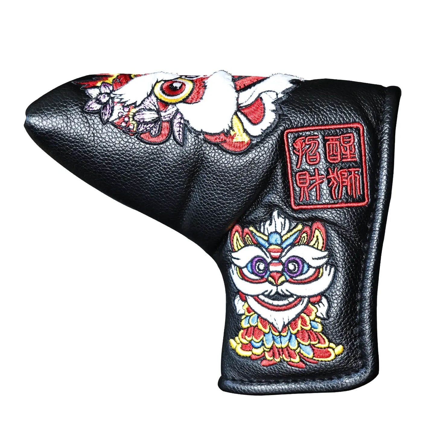 Yamato Golf Club Head Covers – Black Dura-Leather with Lion Embroidery