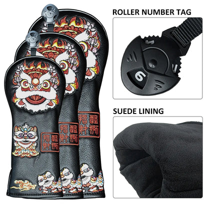 Yamato Golf Club Head Covers – Black Dura-Leather with Lion Embroidery