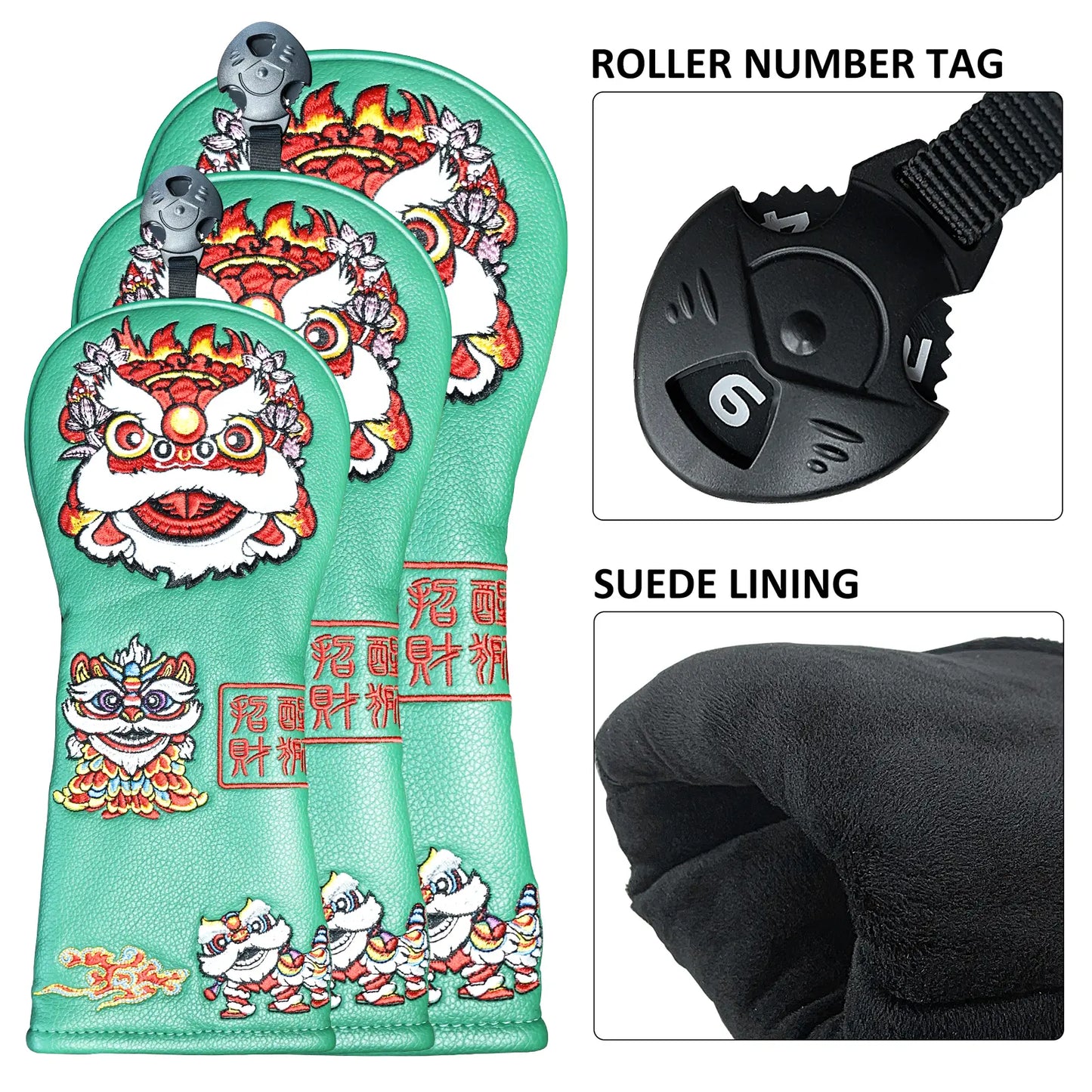 Yamato Golf Club Head Covers – Green Dura-Leather with Lion Embroidery