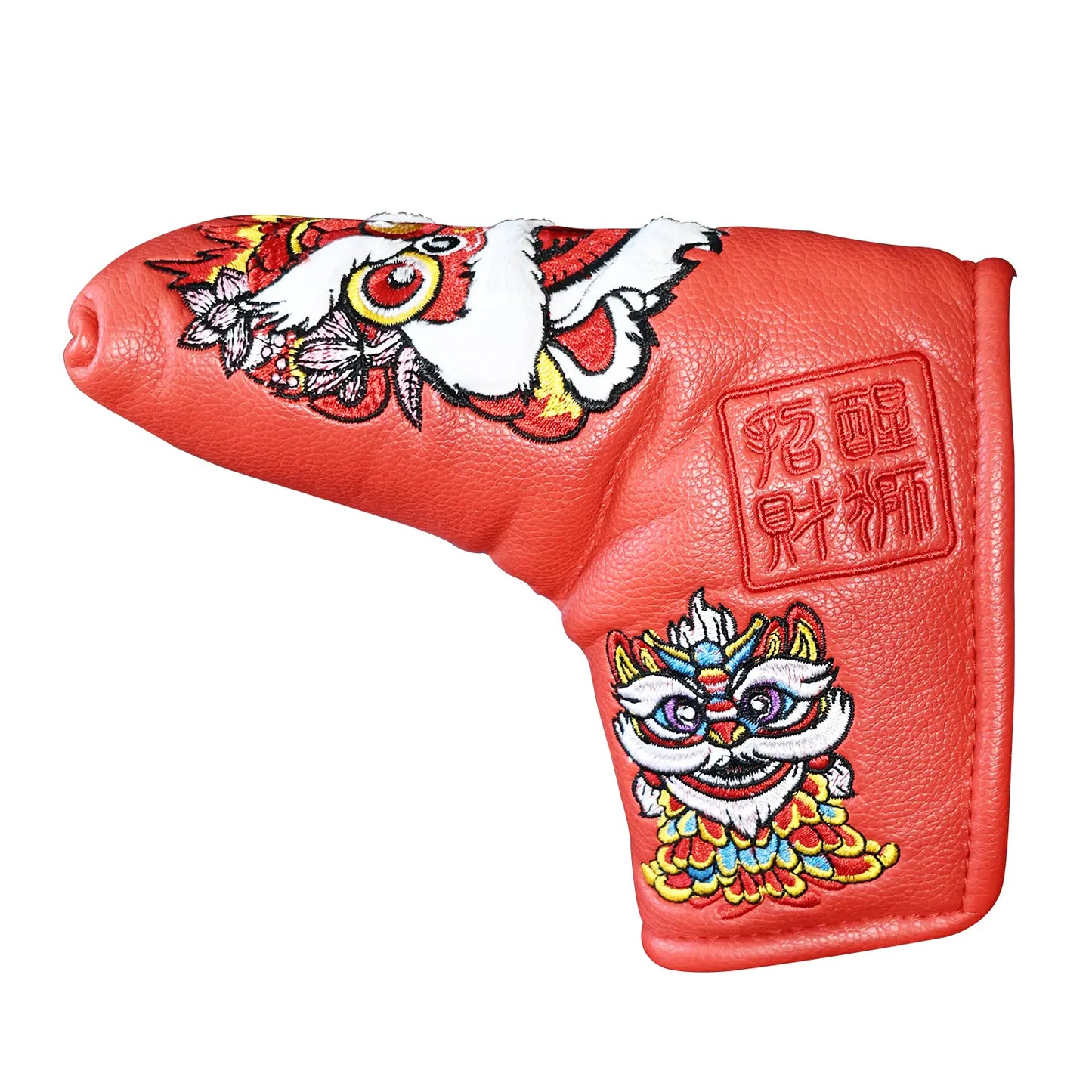 Yamato Golf Club Head Covers – Red Dura-Leather with Lion Embroidery