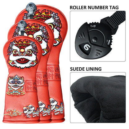 Yamato Golf Club Head Covers – Red Dura-Leather with Lion Embroidery
