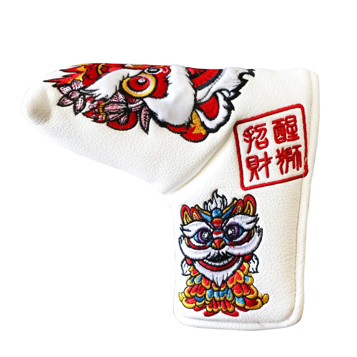 Yamato Golf Club Head Covers – White Dura-Leather with Lion Embroidery