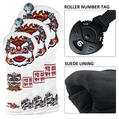 Yamato Golf Club Head Covers – White Dura-Leather with Lion Embroidery