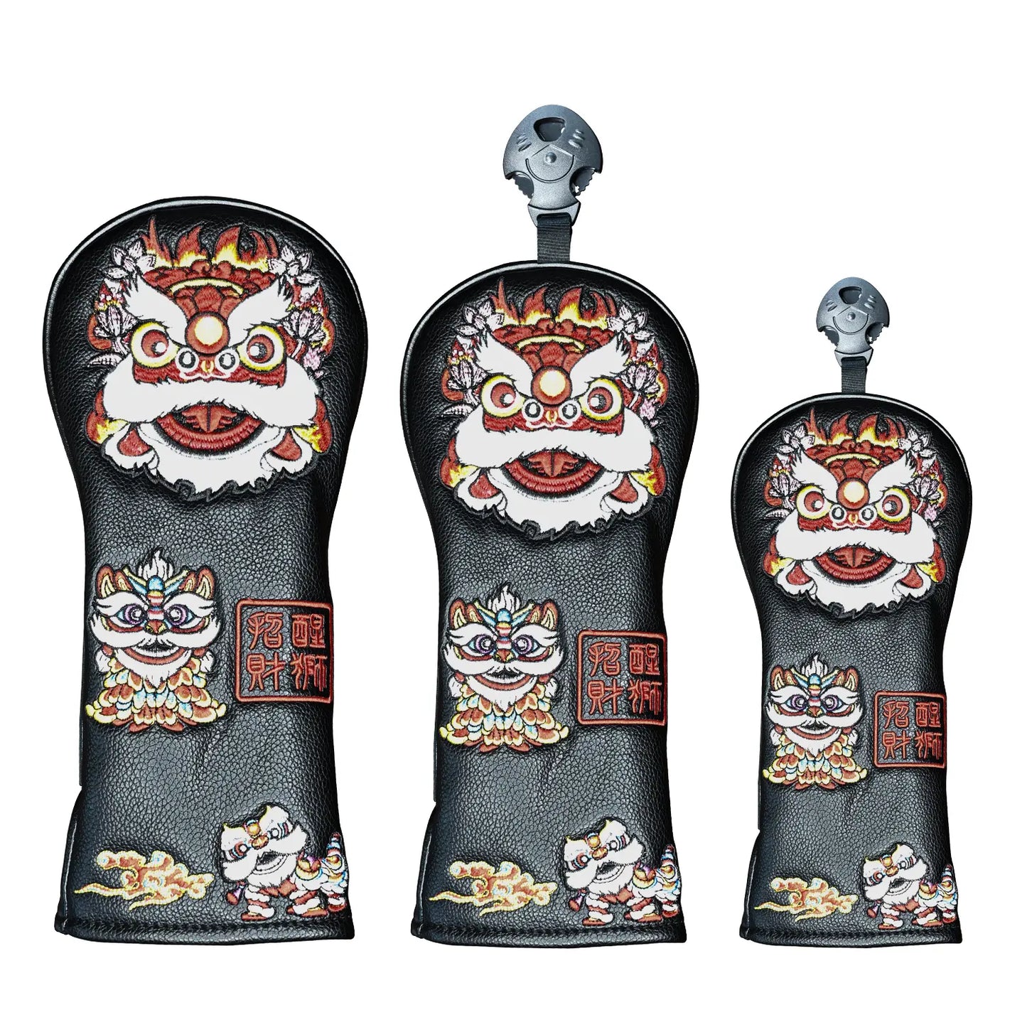 Yamato Golf Club Head Covers – Black Dura-Leather with Lion Embroidery
