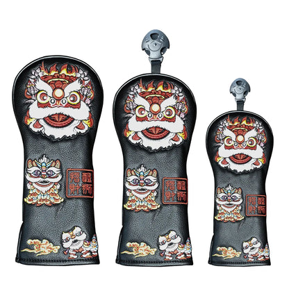 Yamato Golf Club Head Covers – Black Dura-Leather with Lion Embroidery