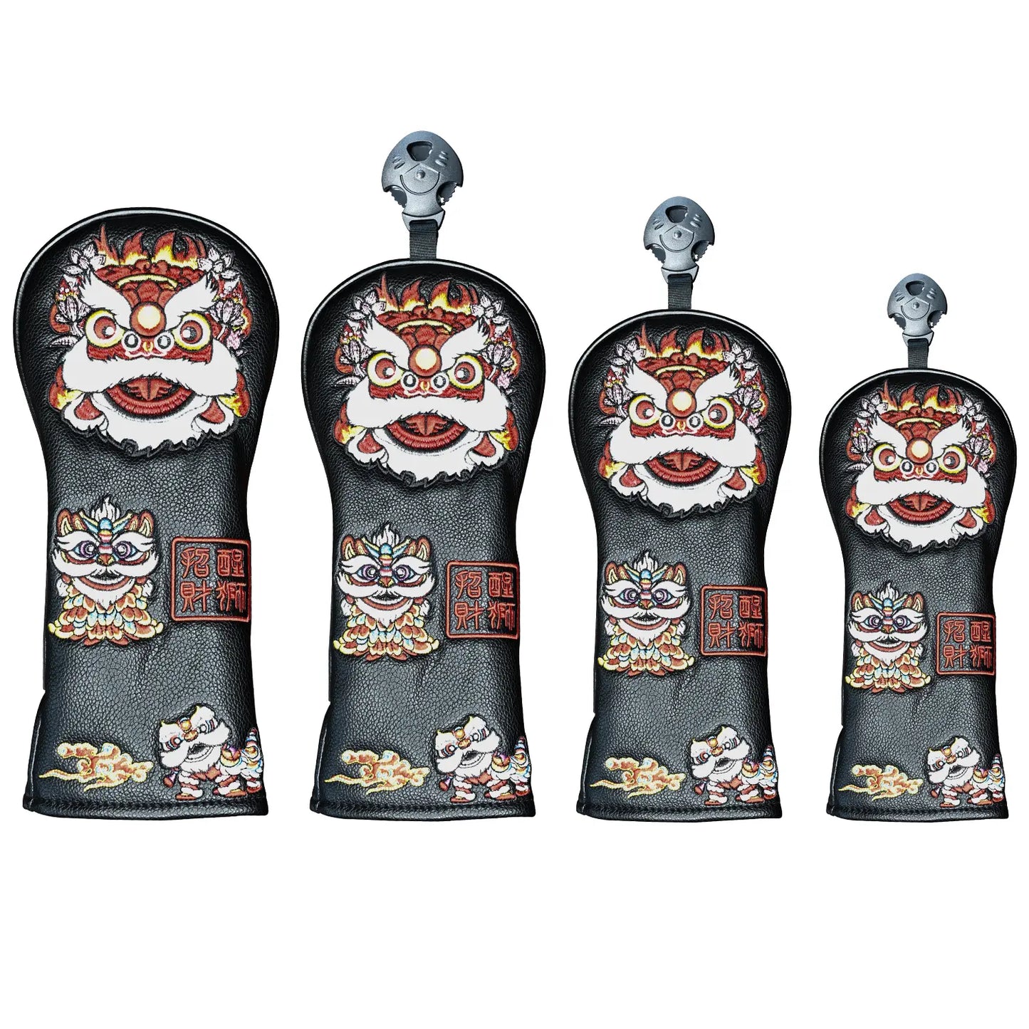 Yamato Golf Club Head Covers – Black Dura-Leather with Lion Embroidery