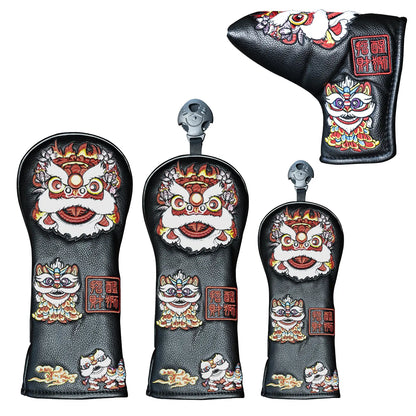 Yamato Golf Club Head Covers – Black Dura-Leather with Lion Embroidery