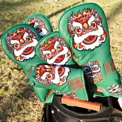 Yamato Golf Club Head Covers – Green Dura-Leather with Lion Embroidery