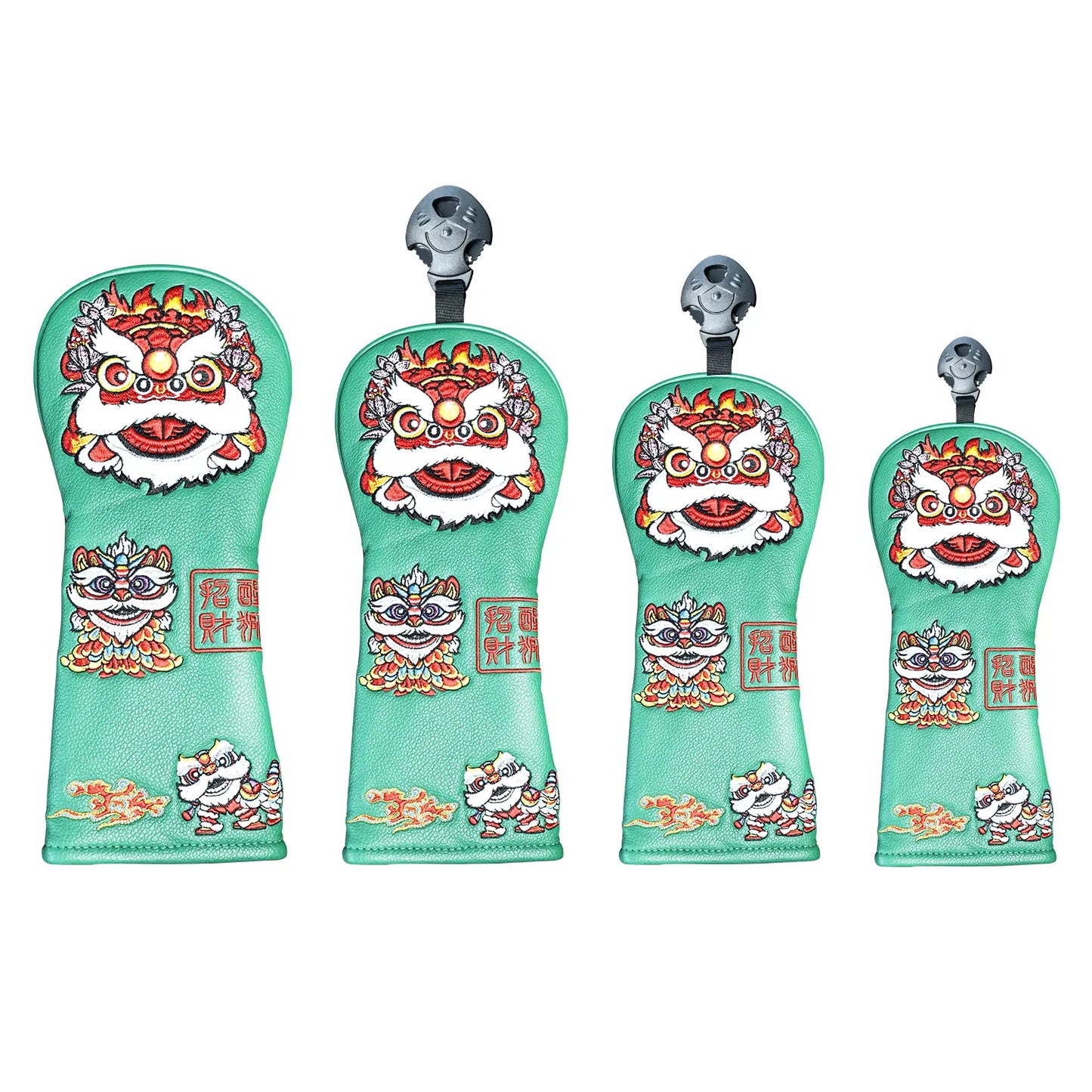 Yamato Golf Club Head Covers – Green Dura-Leather with Lion Embroidery