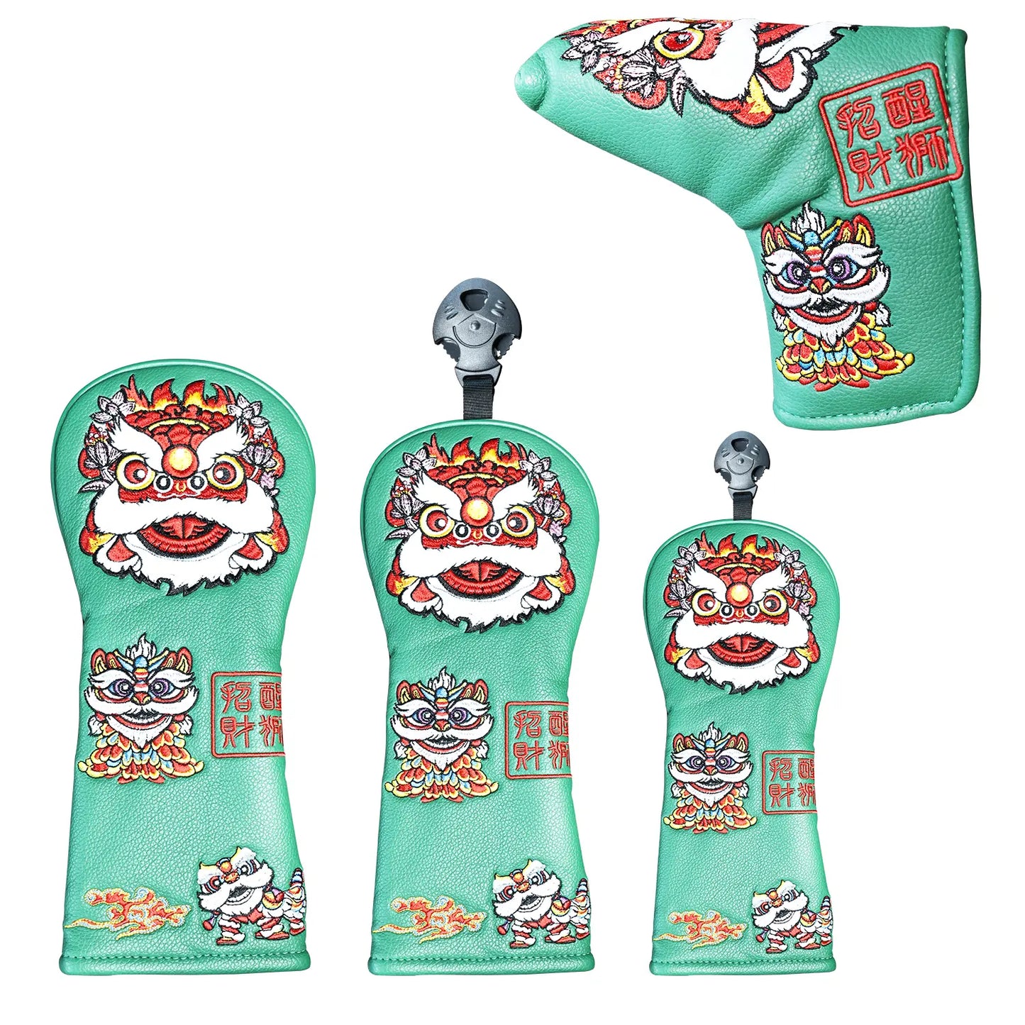 Yamato Golf Club Head Covers – Green Dura-Leather with Lion Embroidery