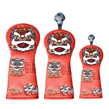 Yamato Golf Club Head Covers – Red Dura-Leather with Lion Embroidery