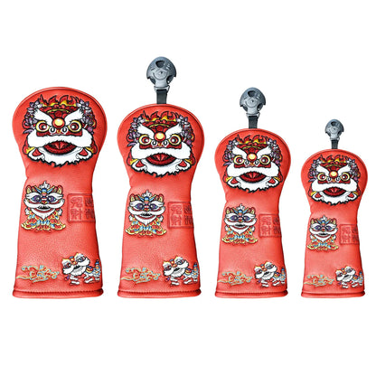 Yamato Golf Club Head Covers – Red Dura-Leather with Lion Embroidery