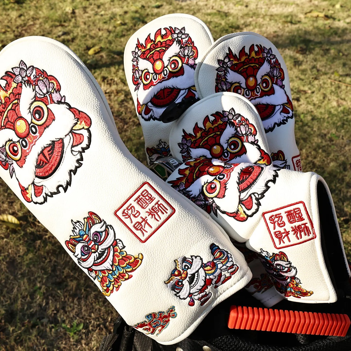 Yamato Golf Club Head Covers – White Dura-Leather with Lion Embroidery