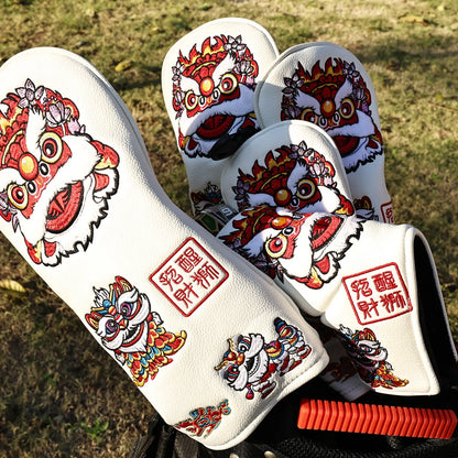 Yamato Golf Club Head Covers – White Dura-Leather with Lion Embroidery