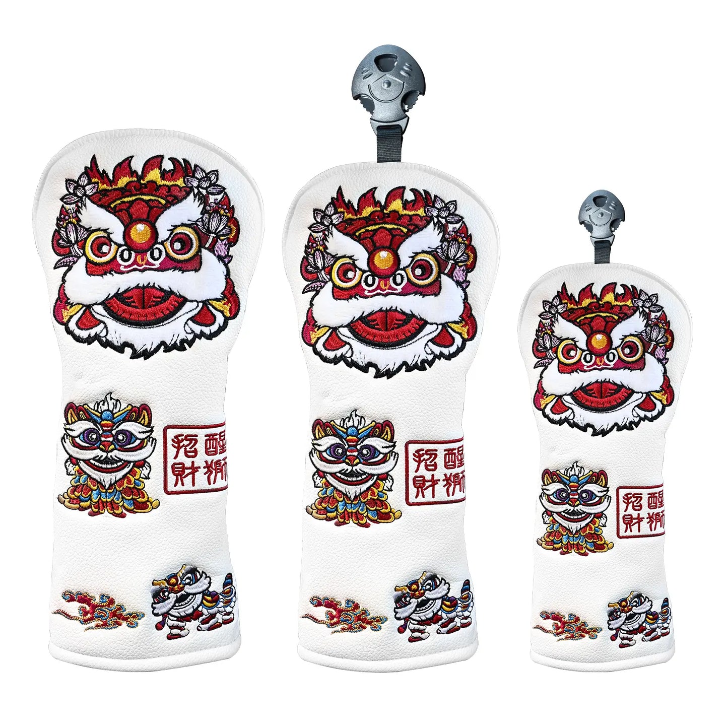 Yamato Golf Club Head Covers – White Dura-Leather with Lion Embroidery