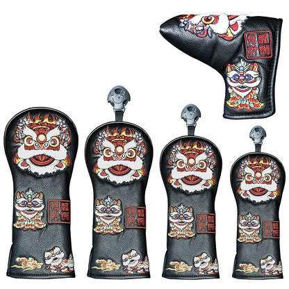 Yamato Golf Club Head Covers – Black Dura-Leather with Lion Embroidery