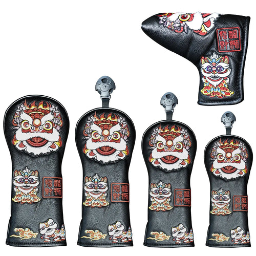 Yamato Golf Club Head Covers – Black Dura-Leather with Lion Embroidery