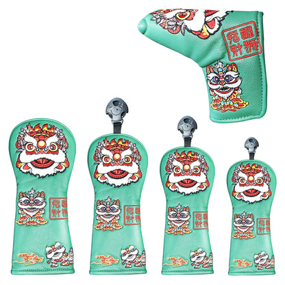 Yamato Golf Club Head Covers – Green Dura-Leather with Lion Embroidery