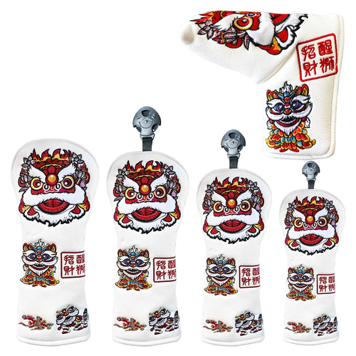 Yamato Golf Club Head Covers – White Dura-Leather with Lion Embroidery